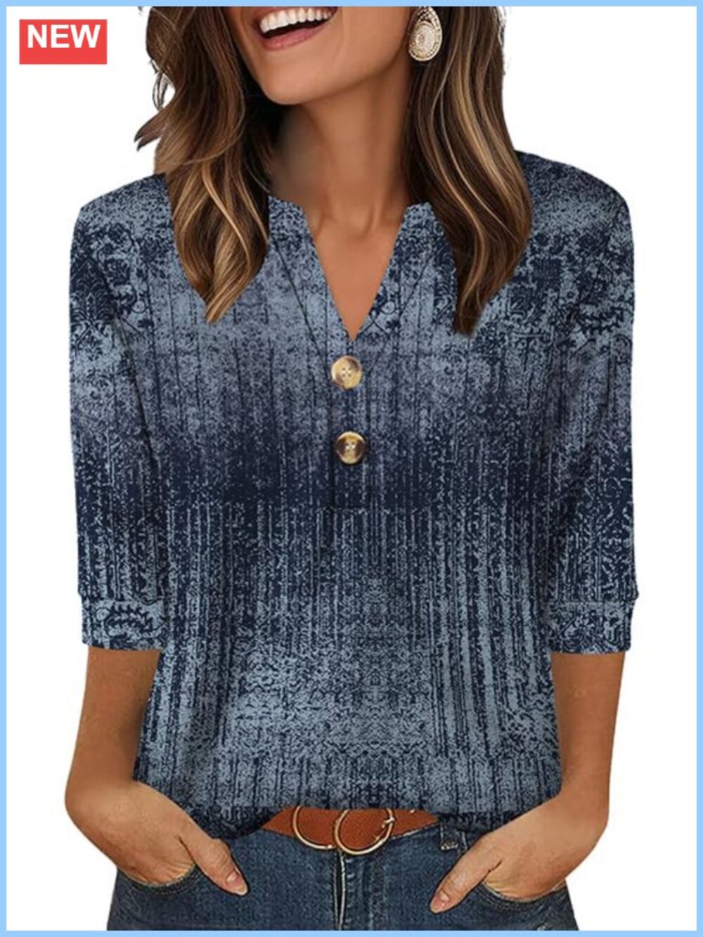 Women's 3/4 Sleeve V-Neck Henley T-Shirt Plaid Office Casual Top